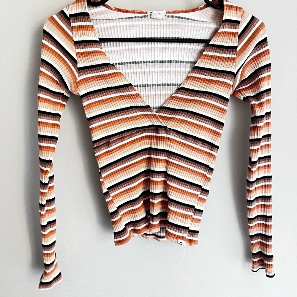 Billabong Striped Ribbed V-Neck Long Sleeve Top in Brown, Tan & White